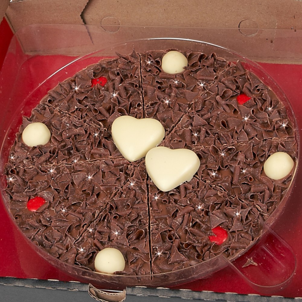 Our 7" Valentines Pizza is presented in a stylish black pizza box with red tissue paper.